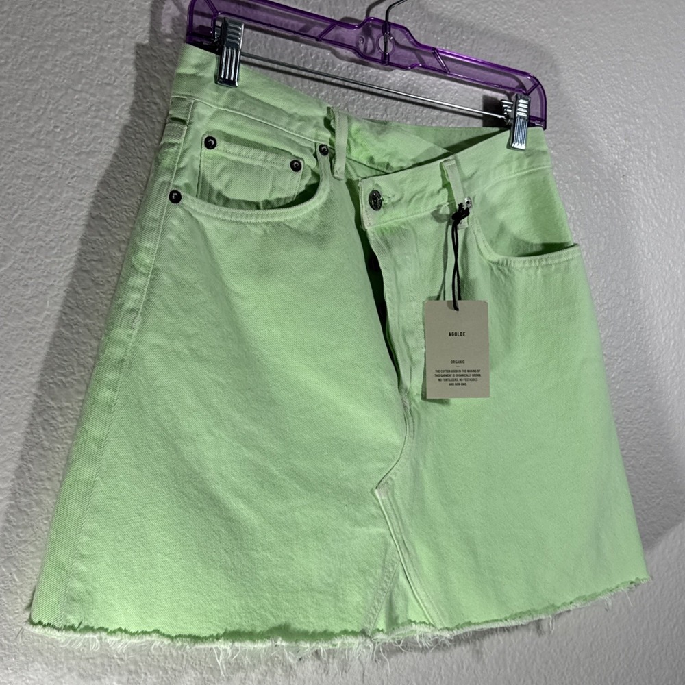 AGOLDE Criss Cross High Rise Denim Mini skirt 27 Lime Green $265 Made in USA - Picture 6 of 16